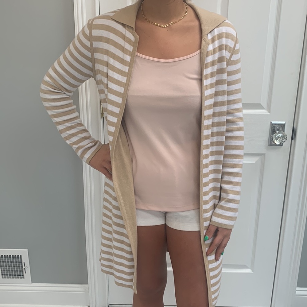 Chico's Size 0 Tan & Cream Striped Long Open Cardigan - Picture 2 of 6